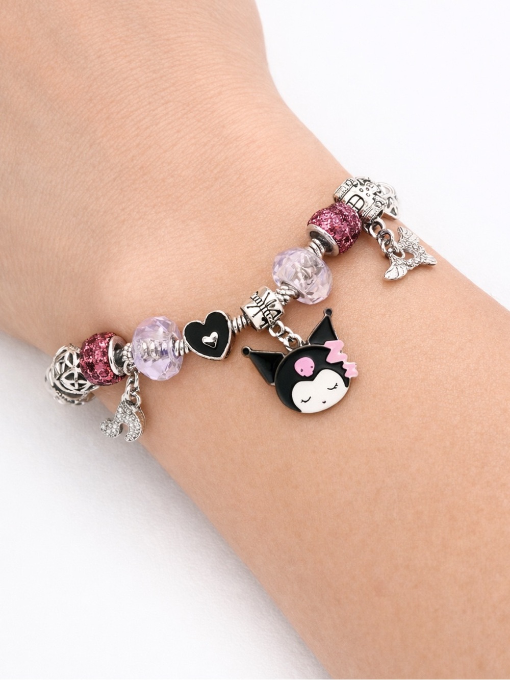 Kuromi Silver Charm Bracelet | Y2K Kawaii,  Pastel Purple & Black Beads